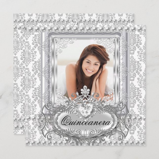 Quinceanera 15th Birthday Damask Silver White Invitation (Front/Back)
