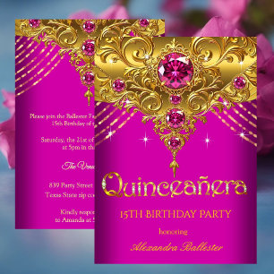 Quinceanera 15th Birthday Exotic Fuchsia Pink Gold Invitation