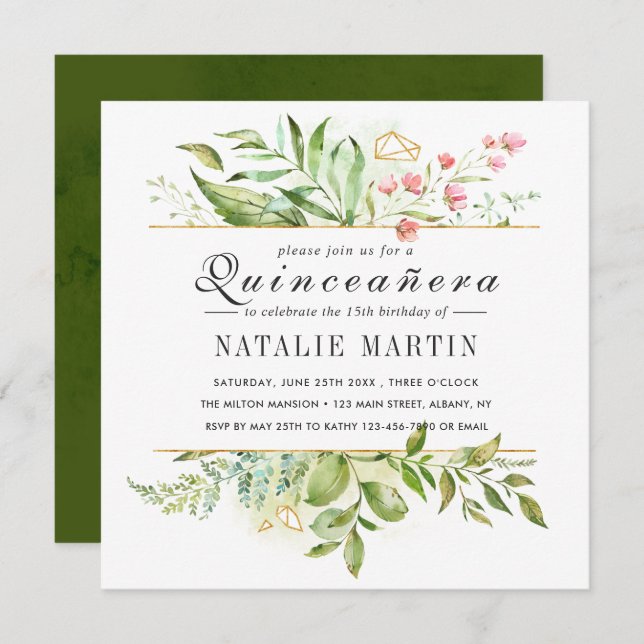 Quinceanera 15th Birthday Floral Green Foliage Invitation (Front/Back)
