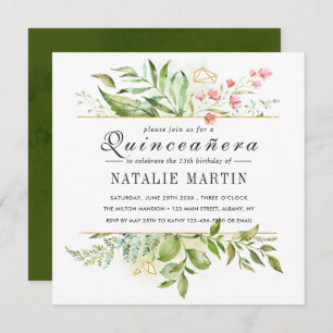 Quinceanera 15th Birthday Floral Green Foliage Invitation