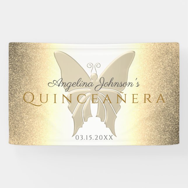 Quinceanera 15th Birthday Glitter Gold Butterfly Banner (Horizontal)