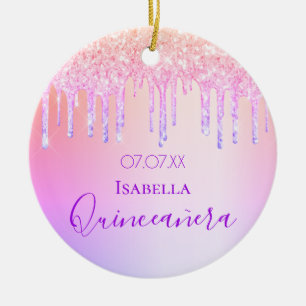 Quinceanera 15th birthday glitter pink purple ceramic ornament
