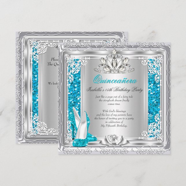 Quinceanera 15th Birthday Glitter Teal Shoes Invitation (Front/Back)