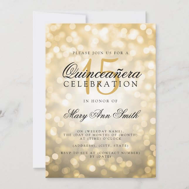 Quinceanera 15th Birthday Gold Bokeh Lights Invitation (Front)