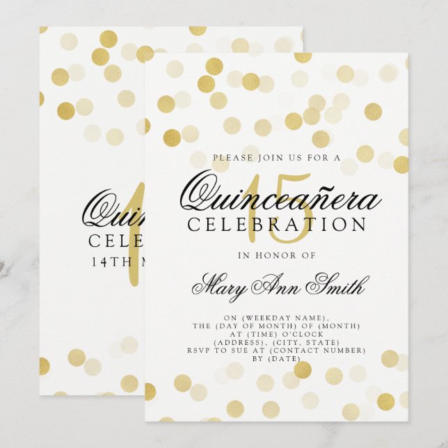 Quinceanera 15th Birthday Gold Foil Glitter Lights Invitation (Front/Back)