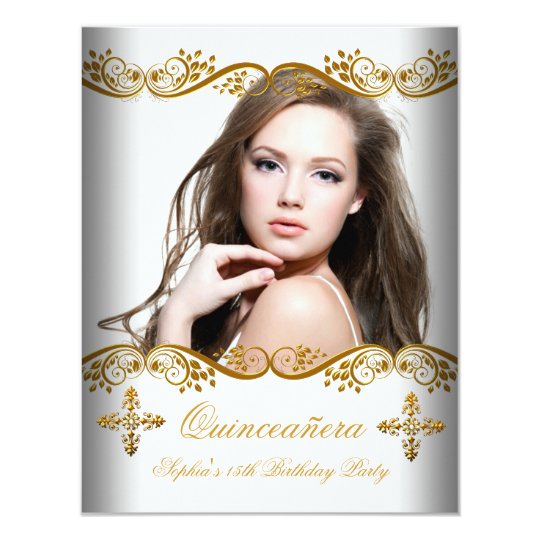 Quinceañera 15th Birthday Gold White Lace Photo Card