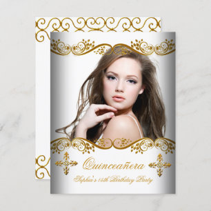 Quinceañera 15th Birthday Gold White Lace Photo Invitation