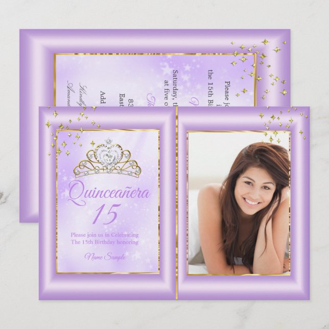 Quinceanera 15th Birthday Lilac Purple Gold Photo Invitation (Front/Back)