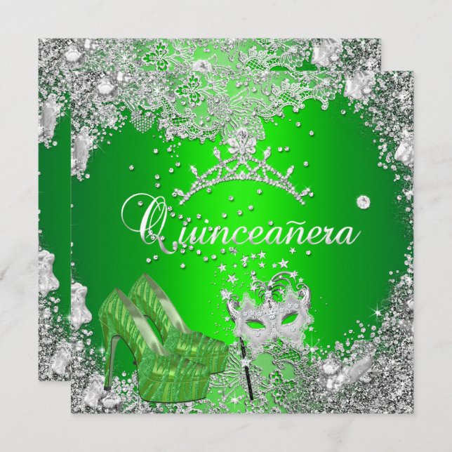 Quinceanera 15th Birthday Lime Silver Mask Tiara Invitation (Front/Back)