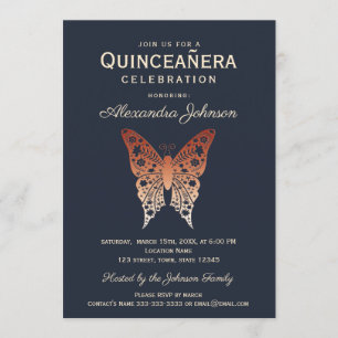 Quinceanera 15th Birthday Navy and Rose Gold Invitation
