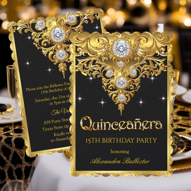 Quinceanera 15th Birthday Ornate Exotic Black Gold Invitation (Creator Uploaded)