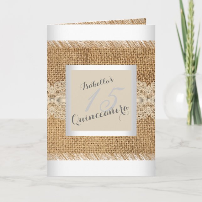 Quinceanera 15th Birthday Party beige lace Burlap Invitation (Front)