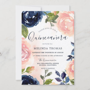 Quinceañera 15th Birthday Party Blush Navy Flowers Invitation
