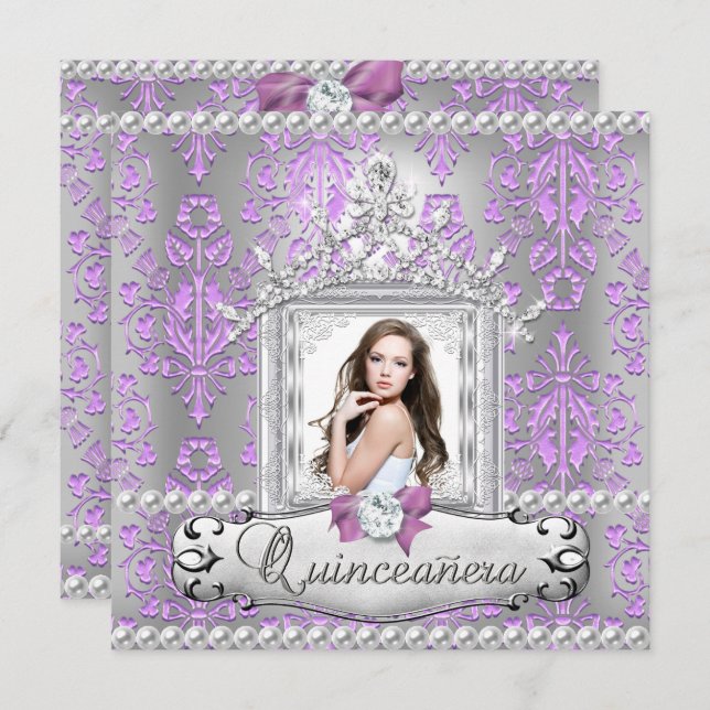 Quinceanera 15th Birthday Party Damask Lilac Pearl Invitation (Front/Back)