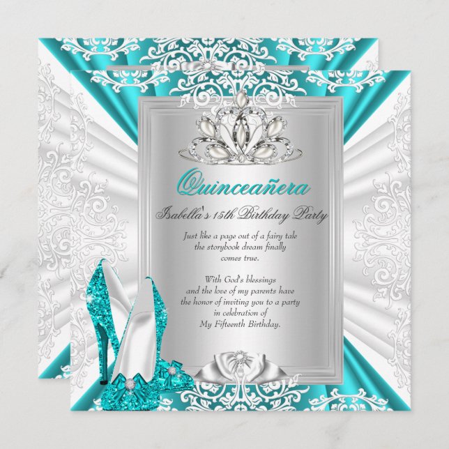Quinceanera 15th Birthday Party Glitter Blue Heels Invitation (Front/Back)