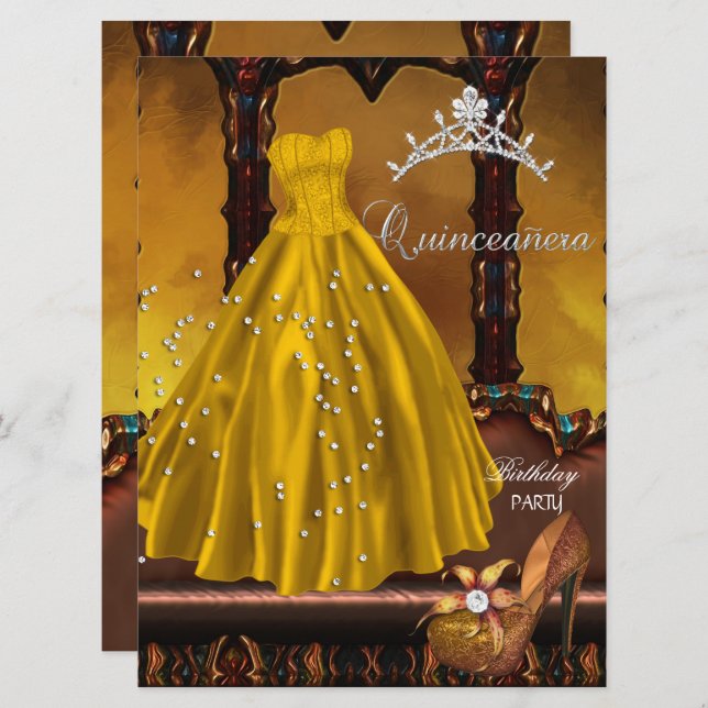 Quinceanera 15th Birthday Party Gold Dress Invitation (Front/Back)