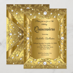 Quinceanera 15th Birthday Party Gold Pearl Jewel Invitation