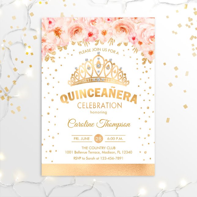 Quinceanera 15th Birthday Party - Gold Pink Floral Invitation (Creator Uploaded)
