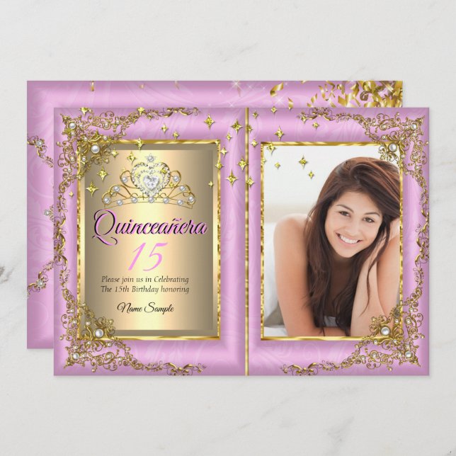 Quinceanera 15th Birthday Party Gold Pink Photo Invitation (Front/Back)
