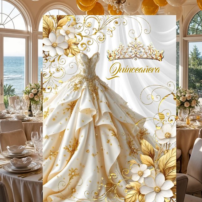 Quinceanera 15th Birthday Party Gold White Dress Invitation (Creator Uploaded)