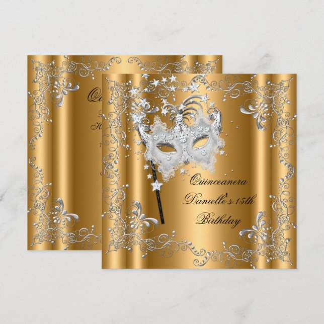 Quinceanera 15th Birthday Party Masquerade Gold Invitation (Front/Back)