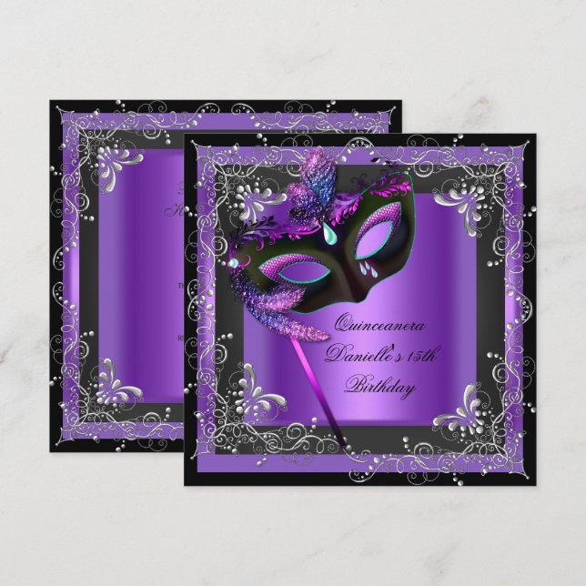 Quinceanera 15th Birthday Party Masquerade Purple Invitation (Front/Back)