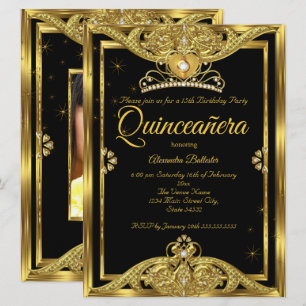Quinceanera 15th Birthday Party Photo Gold Black Invitation