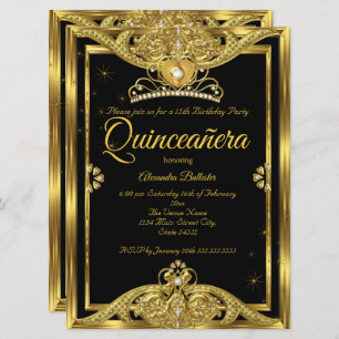 Quinceanera 15th Birthday Party Photo Gold Black Invitation