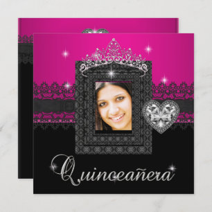 Quinceanera 15th Birthday Party Pink Black Lace 3 Invitation