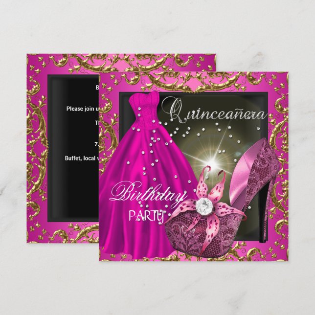 quinceanera 15th Birthday Party Pink Dress Gown Invitation (Front/Back)