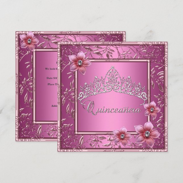 Quinceanera 15th Birthday Party Pink Tiara Pink Invitation (Front/Back)