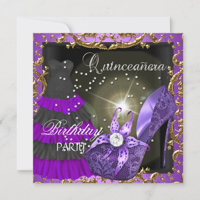 quinceanera 15th Birthday Party Purple Dress Gown Invitation (Front)