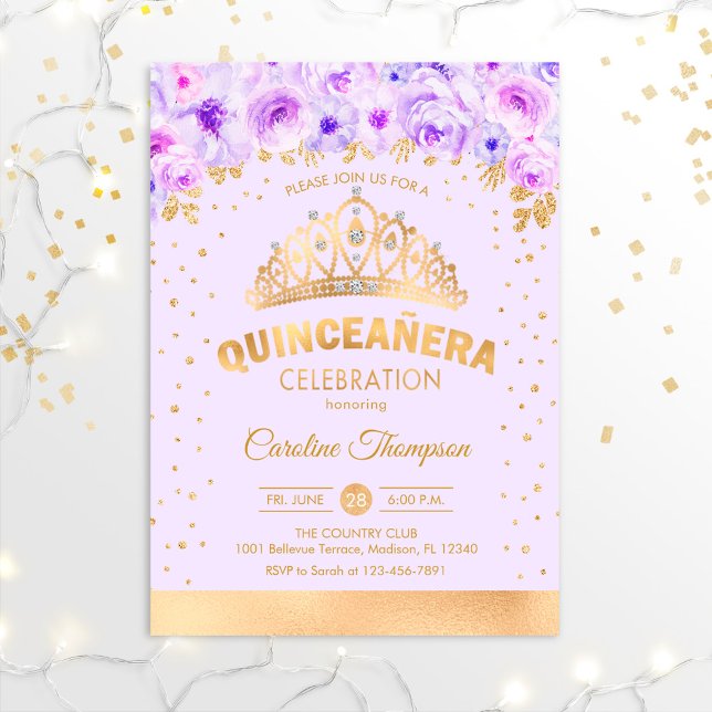 Quinceanera 15th Birthday Party - Purple Gold Invitation (Creator Uploaded)