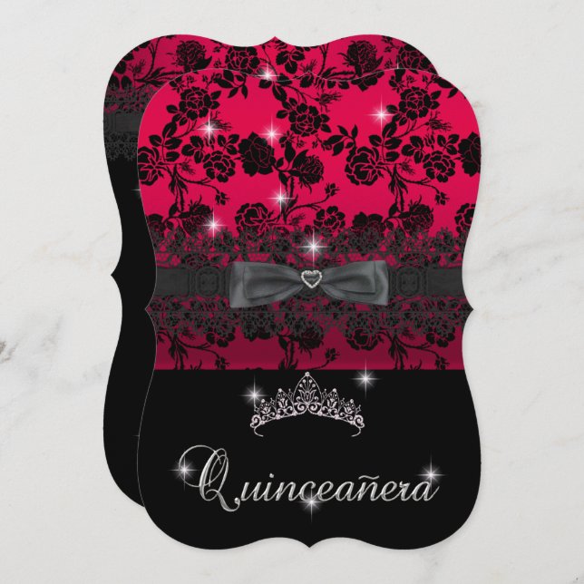 Quinceanera 15th Birthday Party Red Black Lace Invitation (Front/Back)