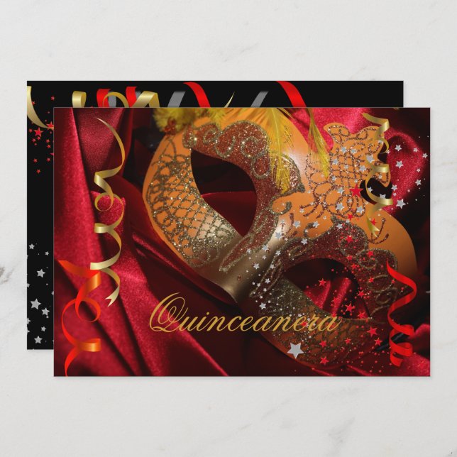 Quinceanera 15th Birthday Party Red Black Mask 3 Invitation (Front/Back)