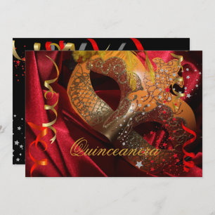 Quinceanera 15th Birthday Party Red Black Mask 3 Invitation