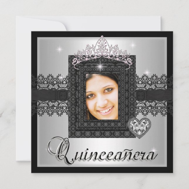Quinceanera 15th Birthday Party Silver Black Lace Invitation (Front)