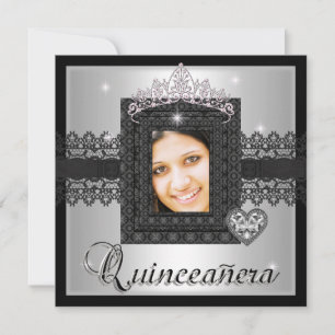 Quinceanera 15th Birthday Party Silver Black Lace Invitation