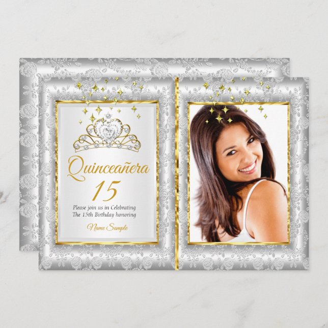 Quinceanera 15th Birthday Party Silver Gold Photo Invitation (Front/Back)