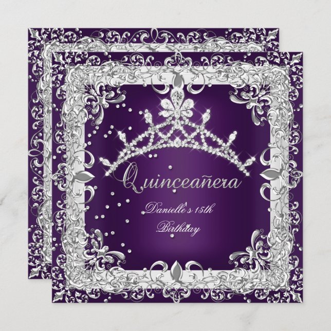 Quinceanera 15th Birthday Party Silver Purple Invitation (Front/Back)