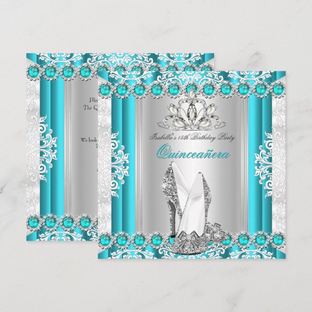 Quinceanera 15th Birthday Party Teal Blue Heels Invitation (Front/Back)