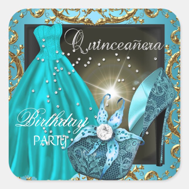 quinceanera 15th Birthday Party Teal Dress Gown Square Sticker (Front)