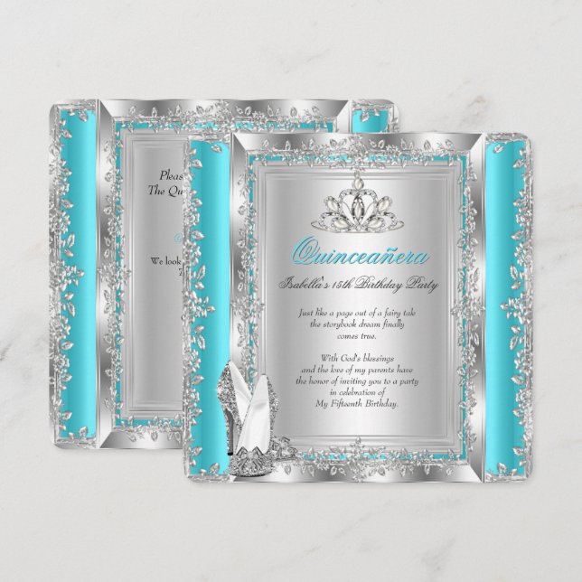 Quinceanera 15th Birthday Party Teal Silver Shoes Invitation (Front/Back)