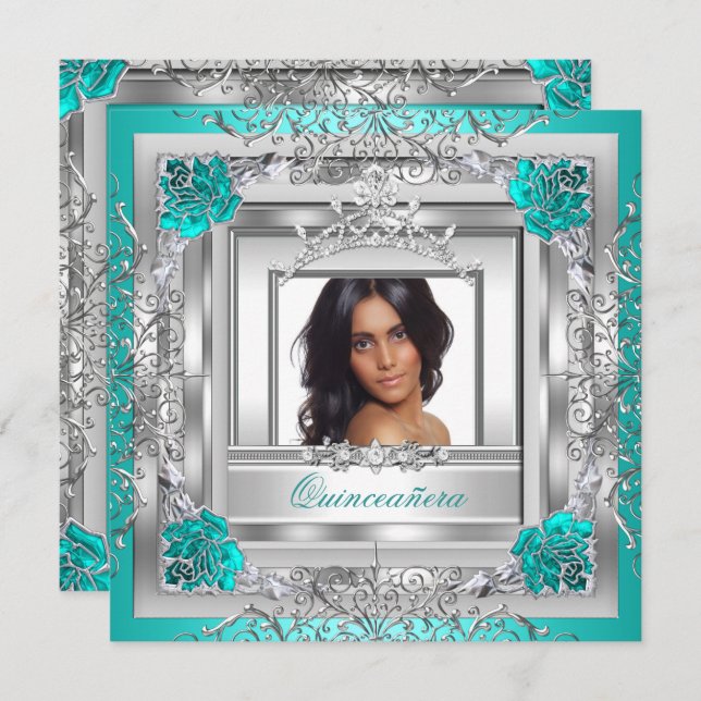 Quinceañera 15th Birthday Party Teal Silver Tiara Invitation (Front/Back)