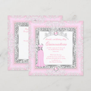Quinceanera 15th Birthday Pearl Light Pink Lace Invitation