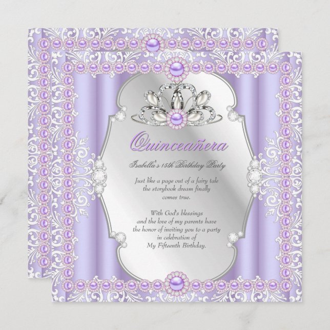 Quinceanera 15th Birthday Pearl Purple Silver Invitation (Front/Back)