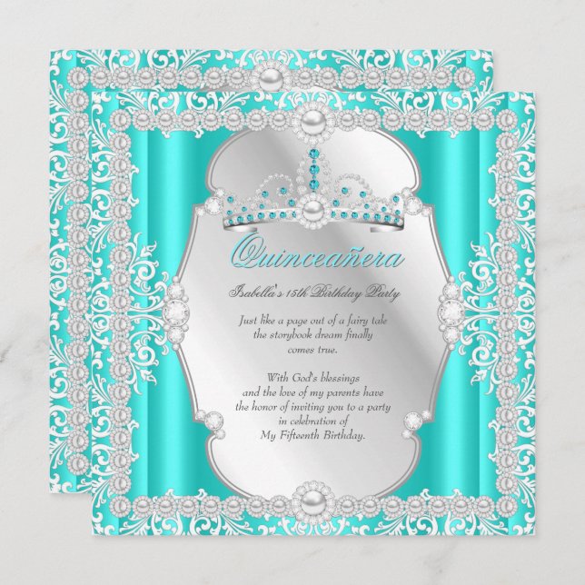 Quinceanera 15th Birthday Pearl Teal Silver Invitation (Front/Back)