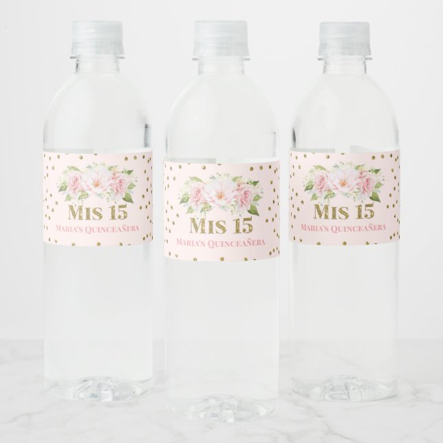 Quinceañera 15th Birthday Pink Flowers Gold Water Bottle Label (Bottles)