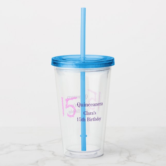 Quinceanera 15th birthday pink glitter template  acrylic tumbler (Front)