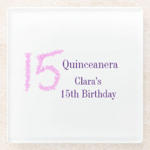 Quinceanera 15th birthday pink glitter template  glass coaster